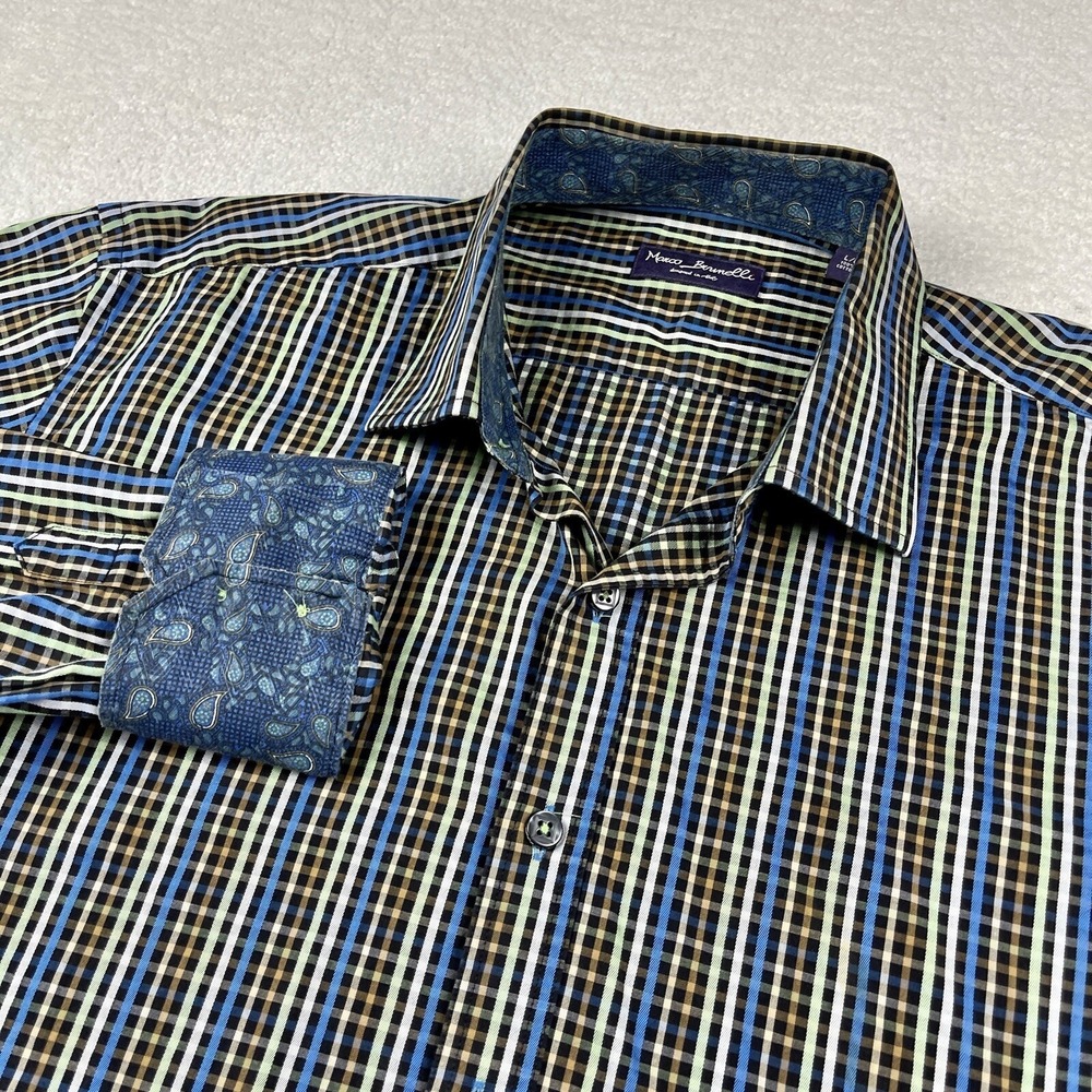 Marco Brunelli Shirt Men's Large Button Up Blue Checked Flip Cuffs
